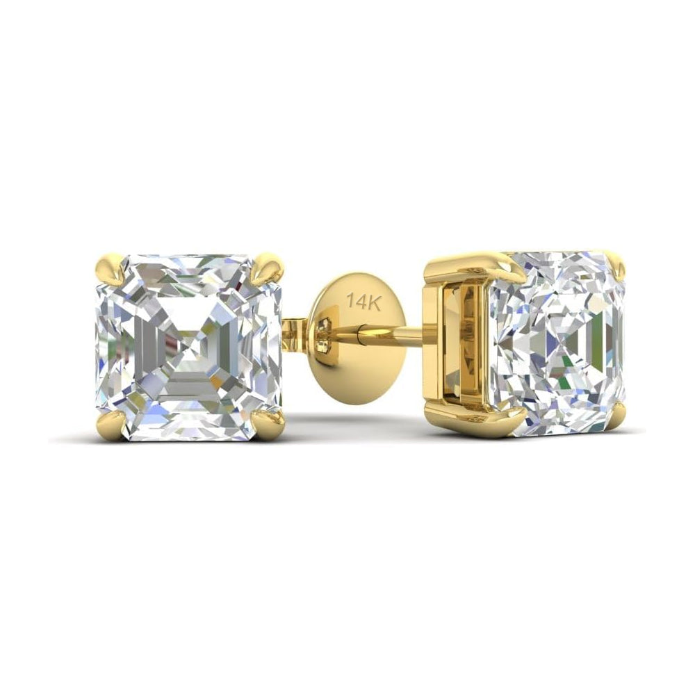 Gold earrings with asscher cut moissanite diamond gemstones on a white background