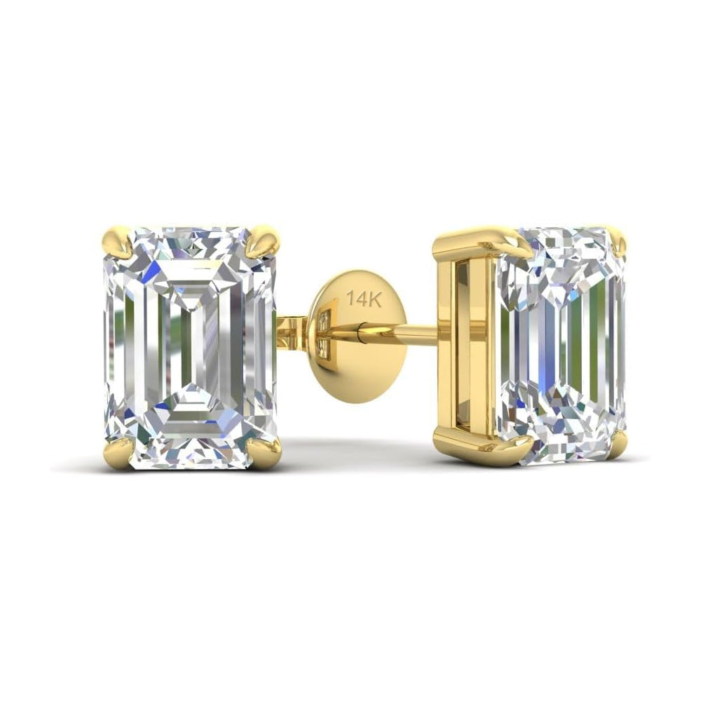Gold emerald-cut moissanite diamond earrings on a white background