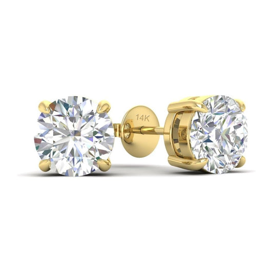 14K Gold stud earrings with clear moissanite diamond gemstones on a white background