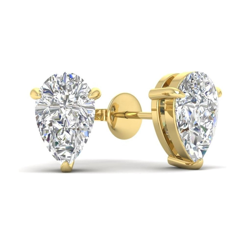 Gold earrings with pear-shaped moissanite diamonds in 14K gold on a white background