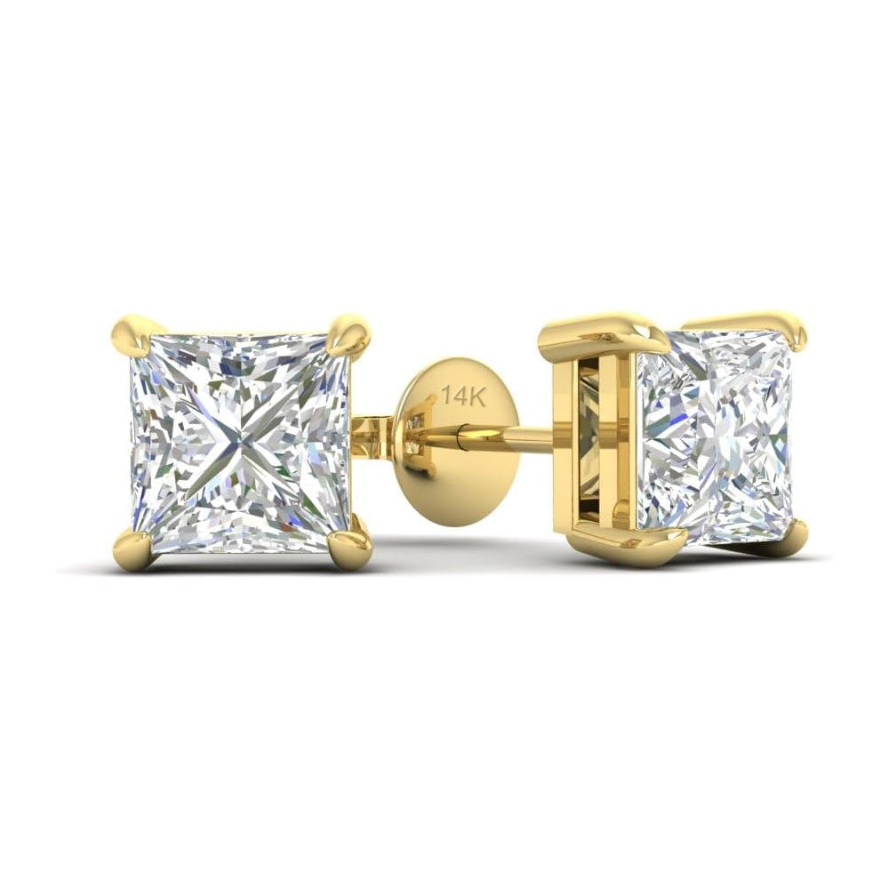 14K Gold earrings with clear princess cut moissanite diamond gemstones on a white background