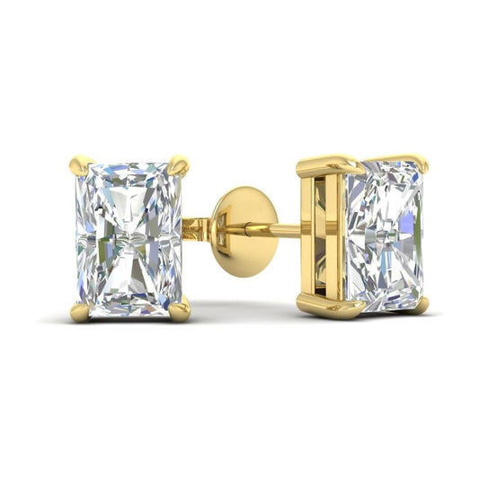 14K Gold earrings with clear radiant cut moissanite diamond gemstones on a white background