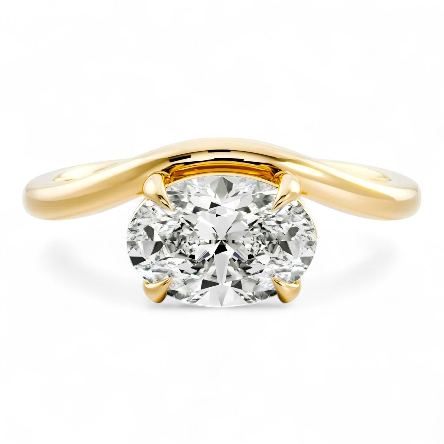 2ct oval moissanite engagement ring with cloud curved yellow gold setting – premium ethical solitaire ring for modern brides in Australia.
