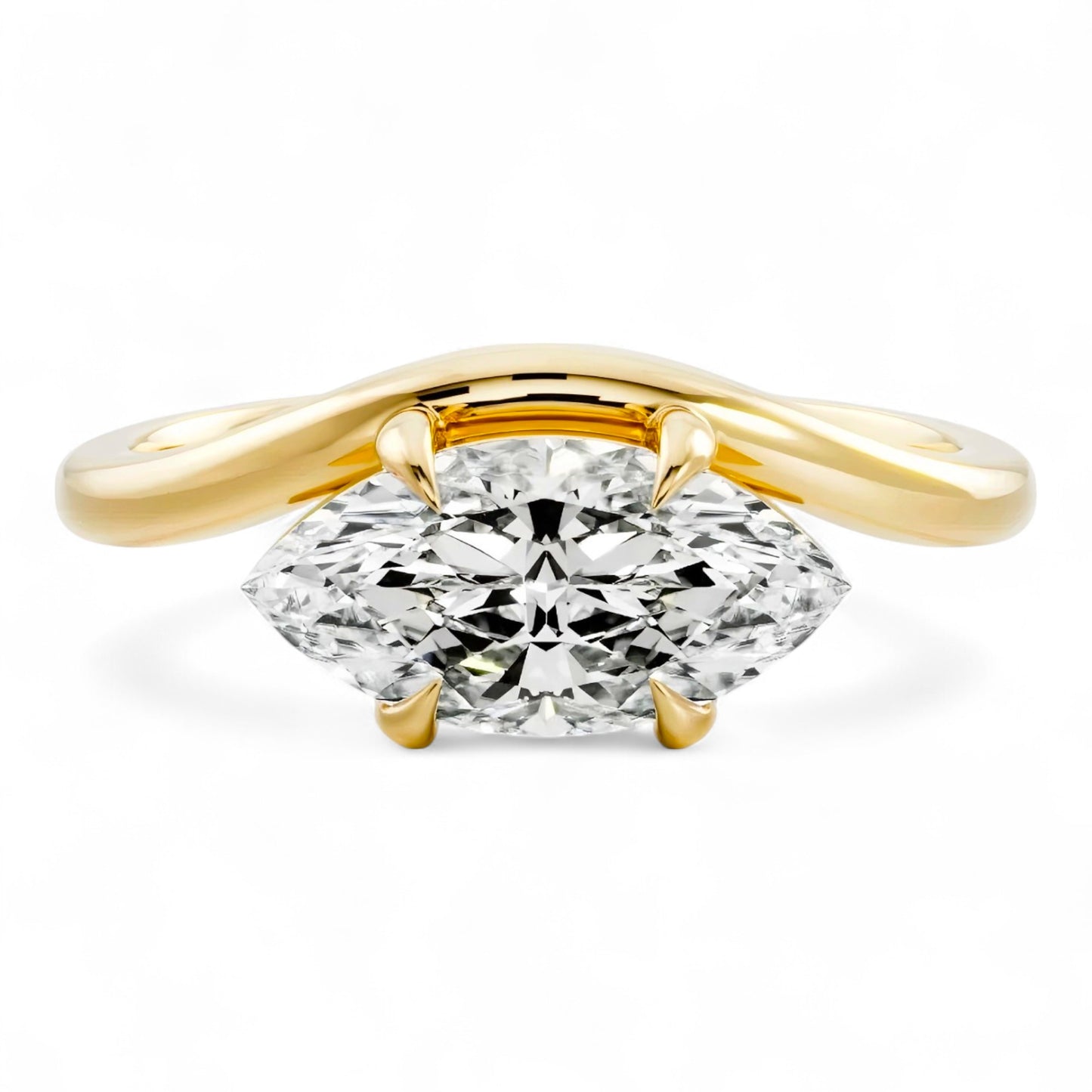 2 carat marquise moissanite engagement ring in yellow gold. Sculptural and bold with curved design. Ethical bridal jewellery Australia.