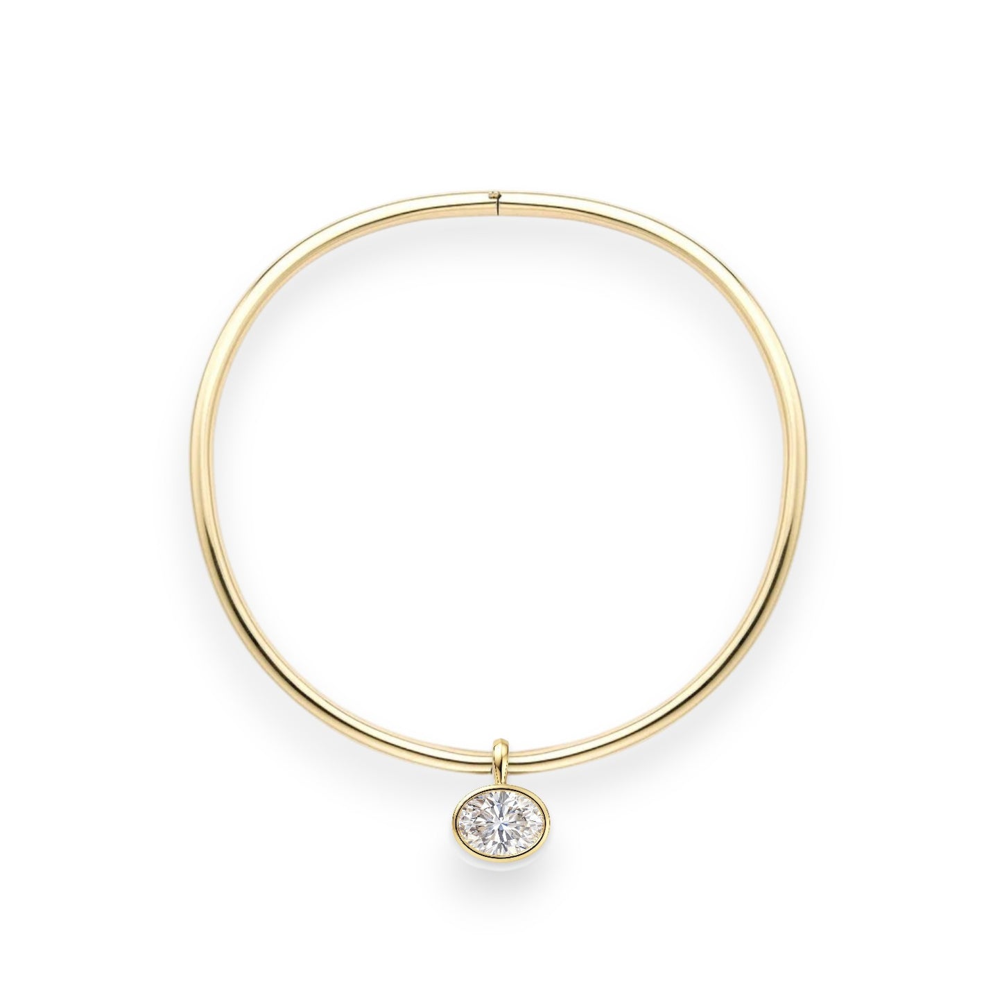 Gold bracelet with a diamond on a white background. 6.5ct oval moissanite torque necklace in bezel setting on solid 14k yellow gold choker – Gems of Elah
