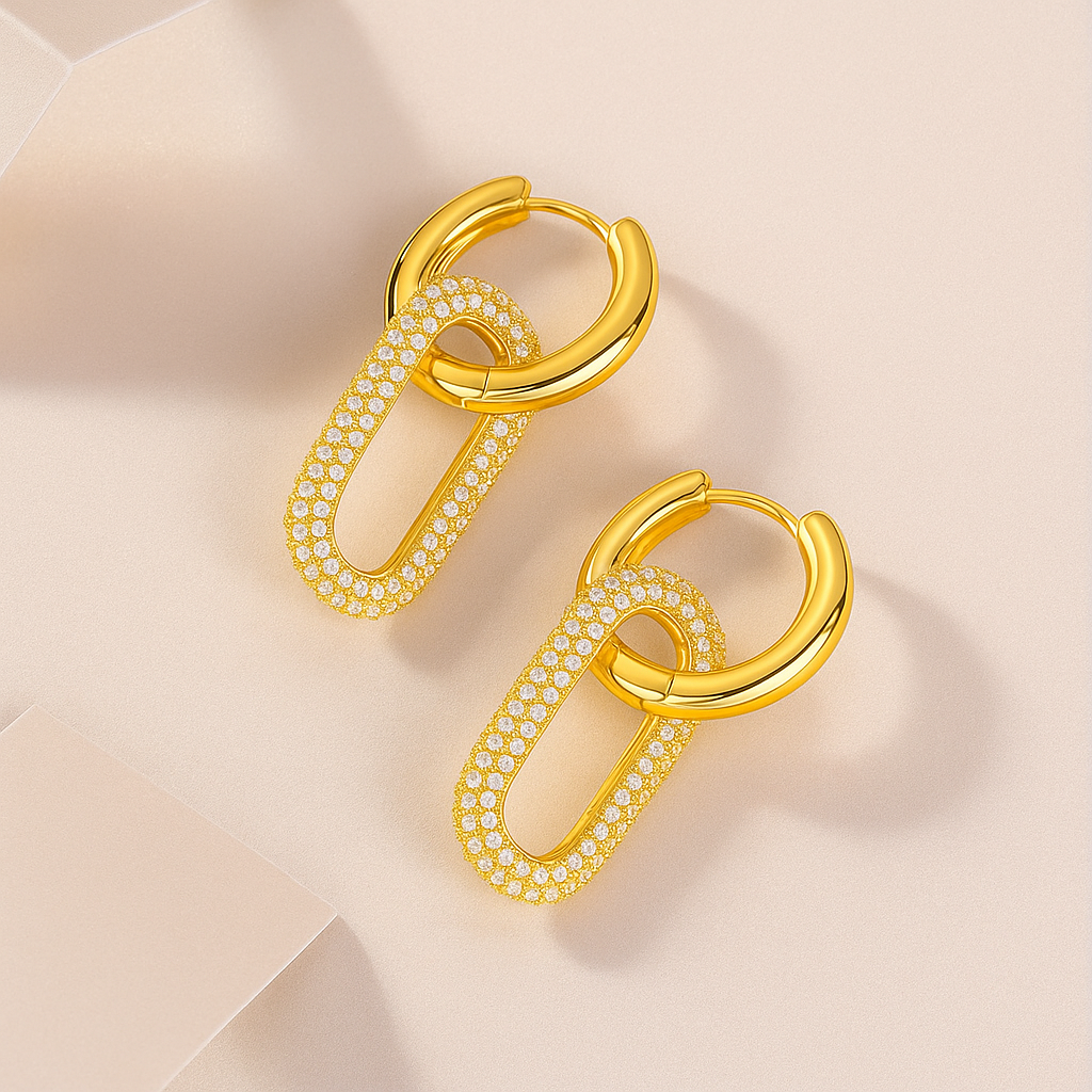 Gold Moissanite Link Earrings with Pavé Detailing
