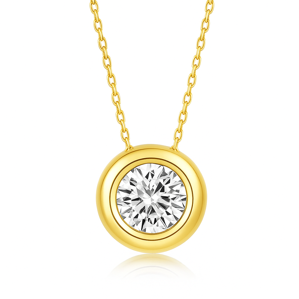 Gold bezel set 1 carat moissanite pendant necklace featuring a round brilliant-cut stone on a delicate gold-plated cable chain, displayed against a white background