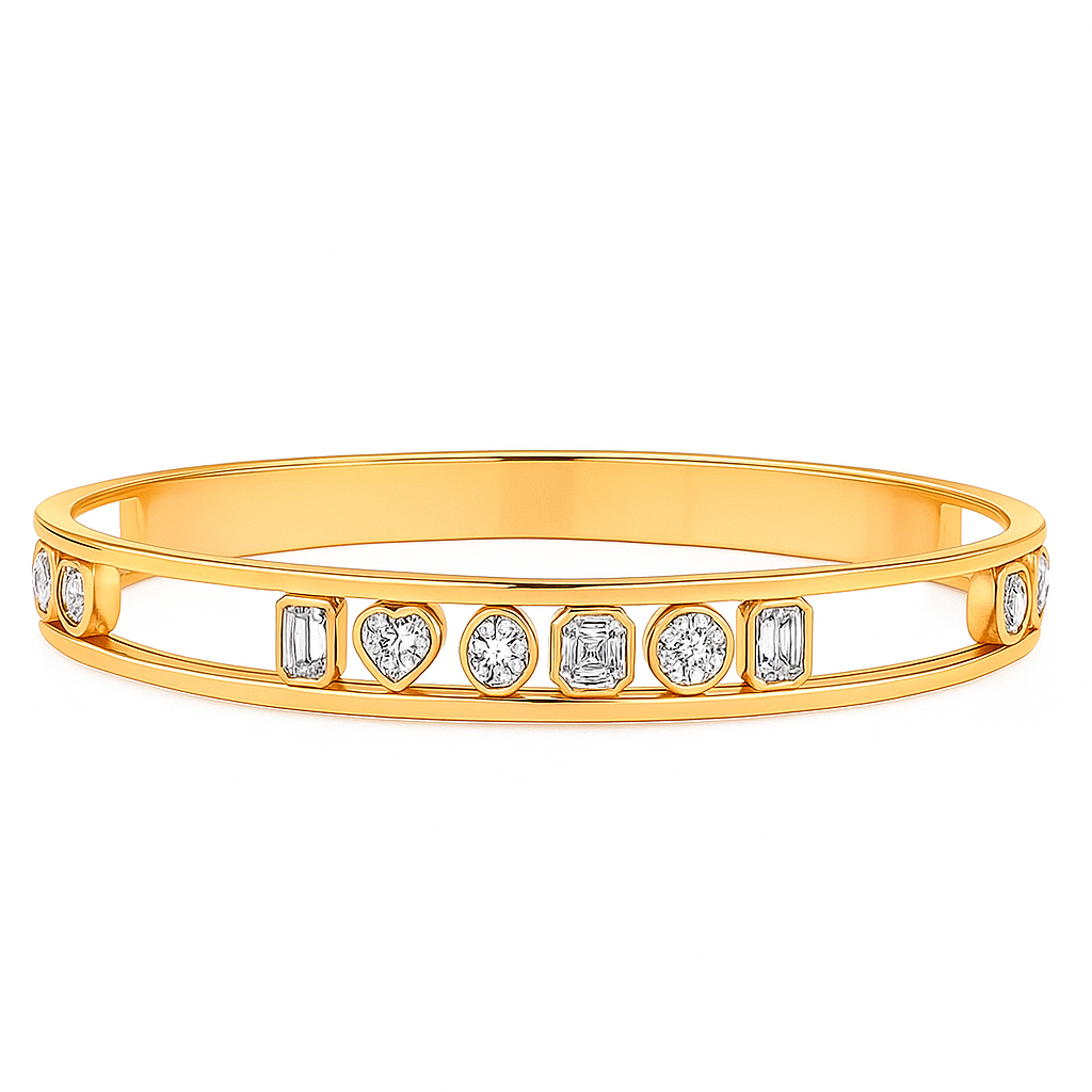 Moissanite bangle bracelet in yellow gold featuring mixed diamond shapes including heart, emerald, round, and princess cuts – ethical and sustainable fine jewellery by Gems of Elah