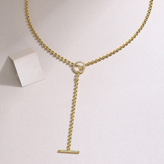 Gold moissanite lariat necklace with circle and bar | Y-shaped ethical jewellery Australia | Moissanite necklace Sydney