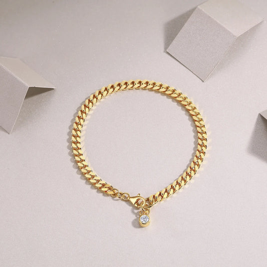 Gold Curb Chain Bracelet with Moissanite Charm
