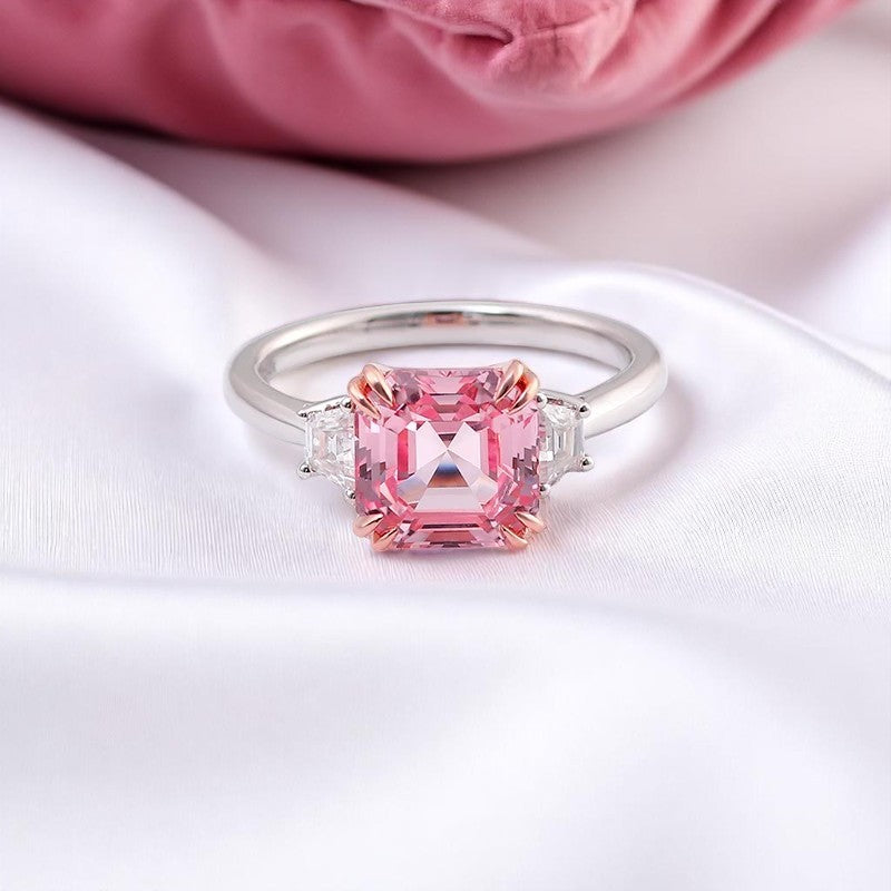 4 Carat tw Asscher Cut Pink Moissanite Trilogy Ring