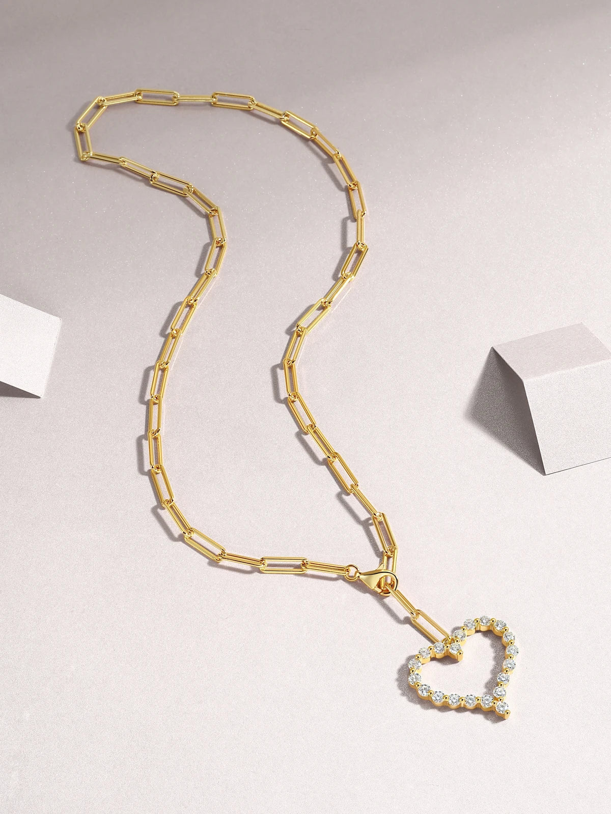 Gold Link Necklace with Moissanite Heart Pendant