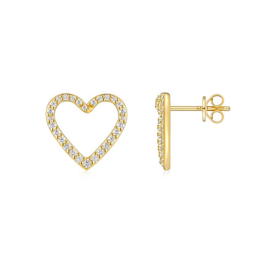Gold heart-shaped earrings with diamond accents on a white background