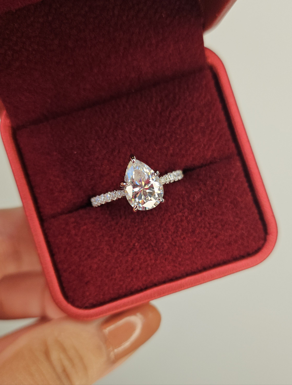 2 Carat Pear Cut Moissanite Solitaire Ring with Pave Band