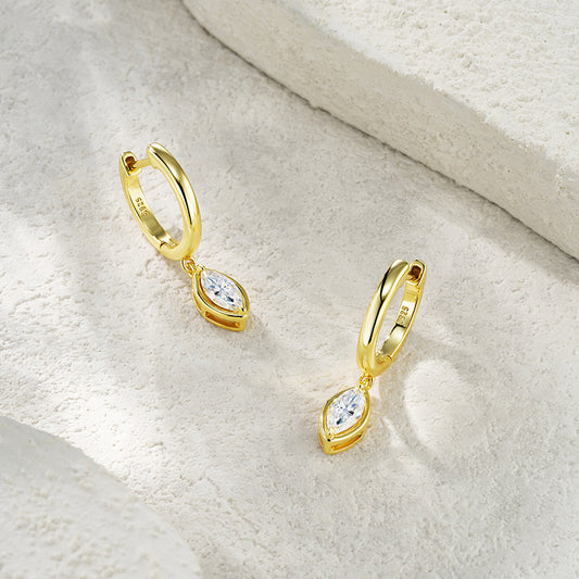 Gold-plated sterling silver huggie earrings with marquise-cut moissanite drops, ethical alternative to diamond jewellery in Australia
