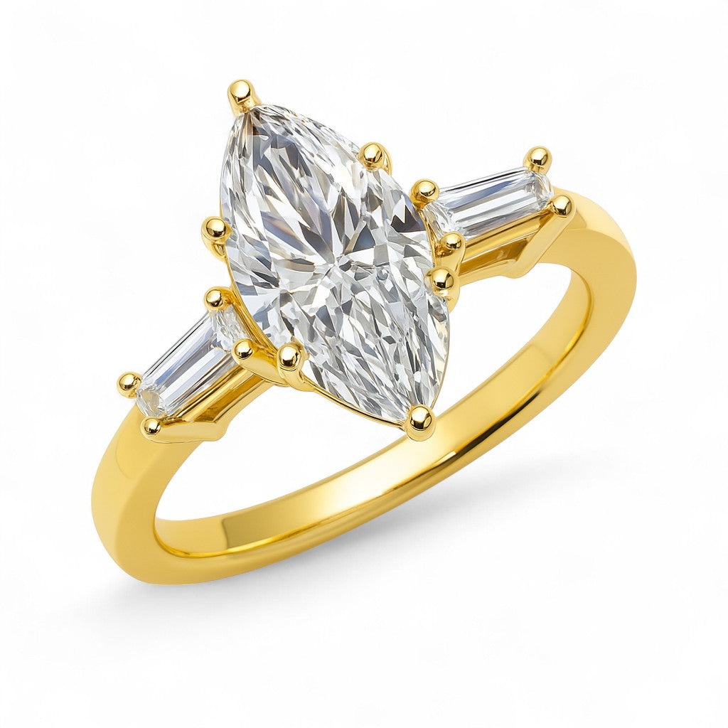 Marquise moissanite engagement ring with baguette side stones. Art deco style in yellow gold. Moissanite rings Sydney. Ethical bridal jewellery.