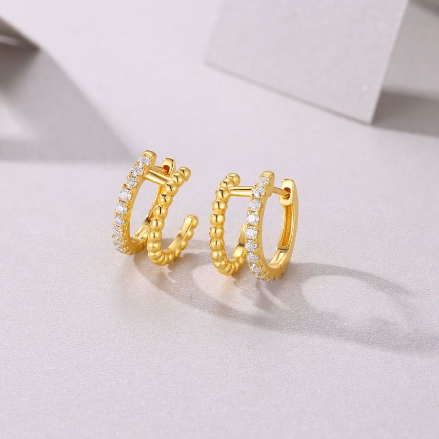 Small gold-plated huggie earrings with pavé moissanite and beaded silver setting, ethical diamond alternative earrings Australia