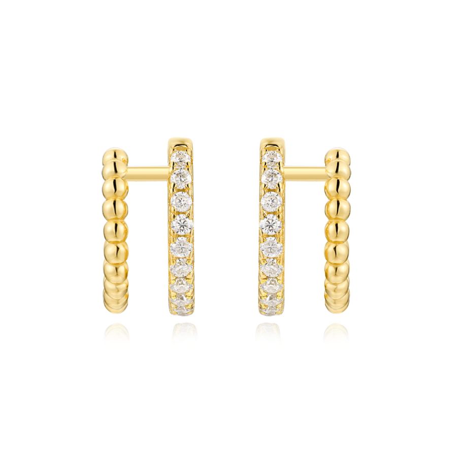 Gold hoop earrings with embedded diamonds on a white background