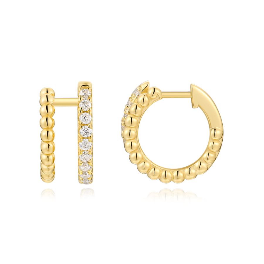 Small gold-plated huggie earrings with pavé moissanite and beaded silver setting, ethical diamond alternative earrings Australia