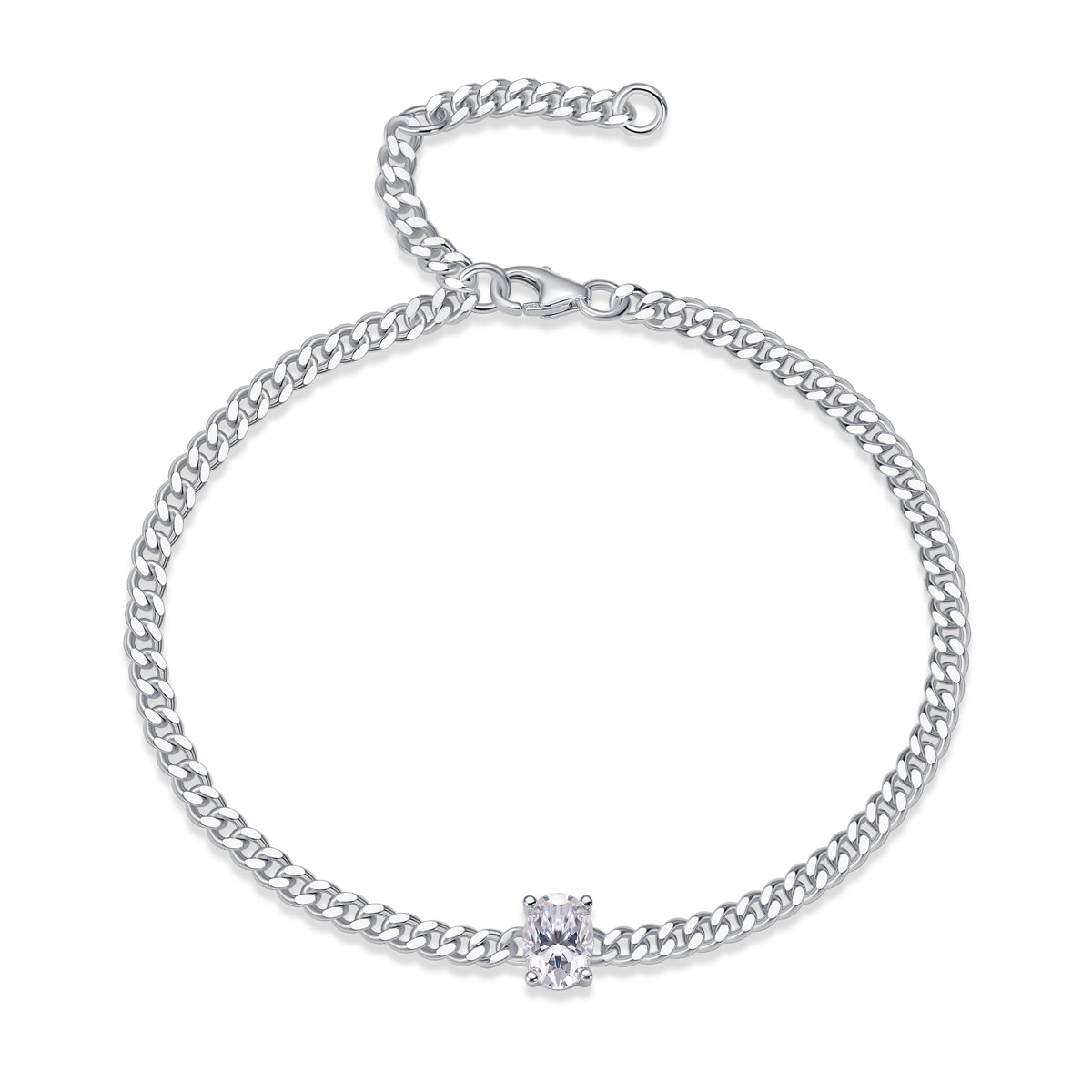 Oval Moissanite Silver Curb Chain Bracelet