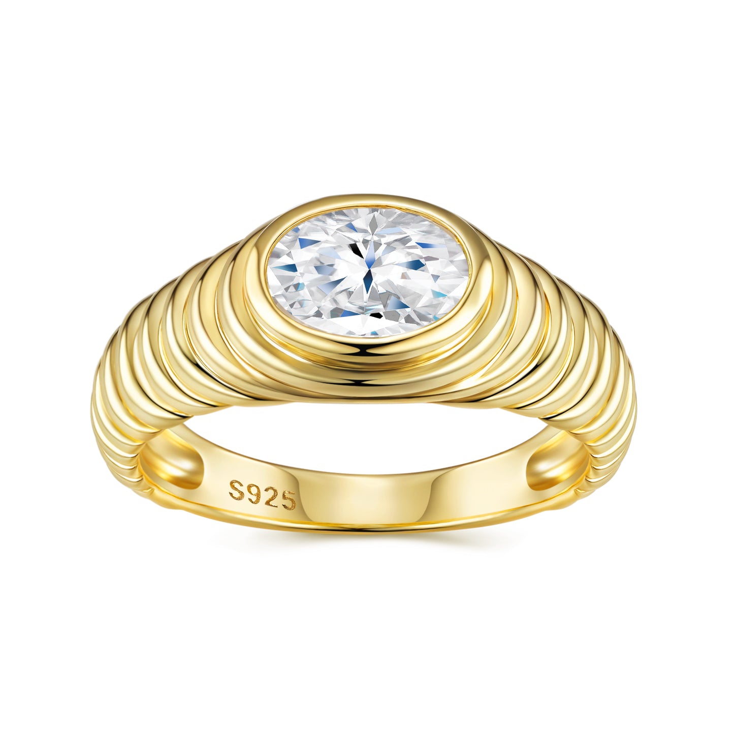 Chunky ribbed dome ring in gold with round bezel moissanite centre. Moissanite jewellery Sydney. Diamond alternative rings Australia