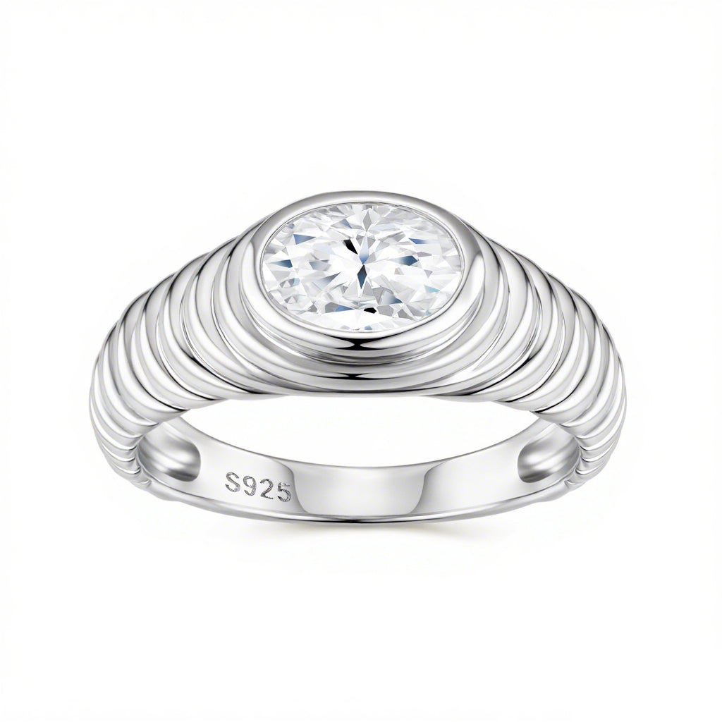 Chunky ribbed dome ring in gold with round bezel moissanite centre. Moissanite jewellery Sydney. Diamond alternative rings Australia