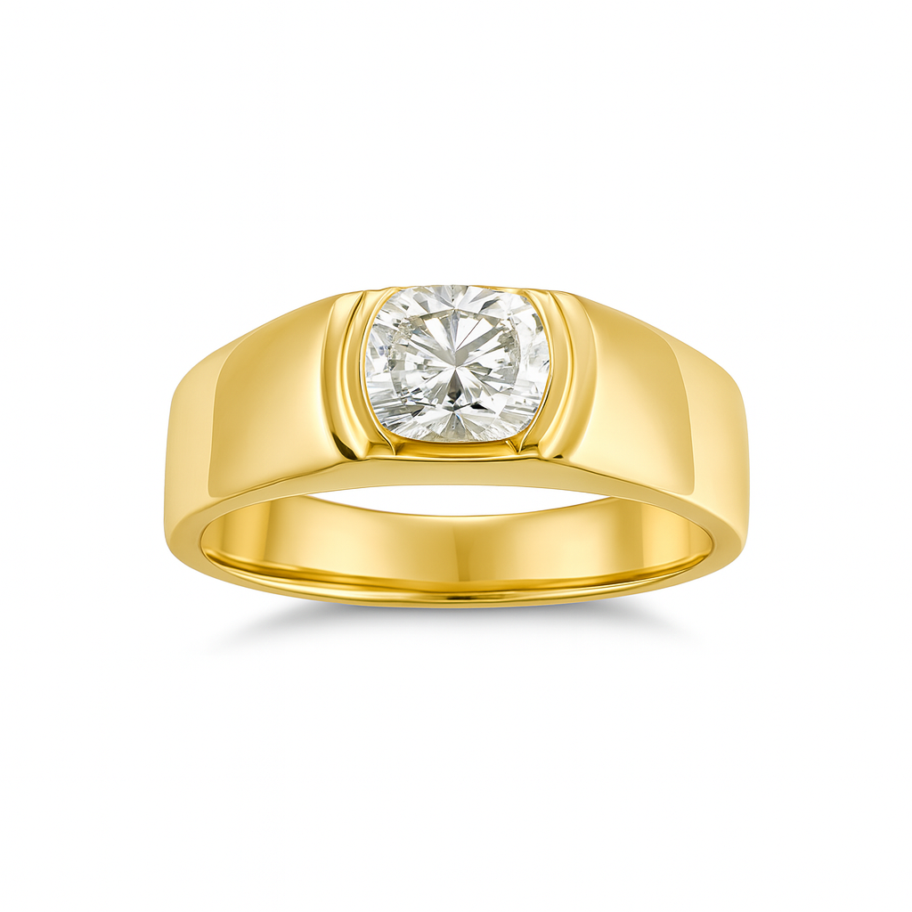 Wide gold moissanite bezel ring for women in sterling silver, bold modern design | Ethical moissanite jewellery Sydney | Engagement rings Australia