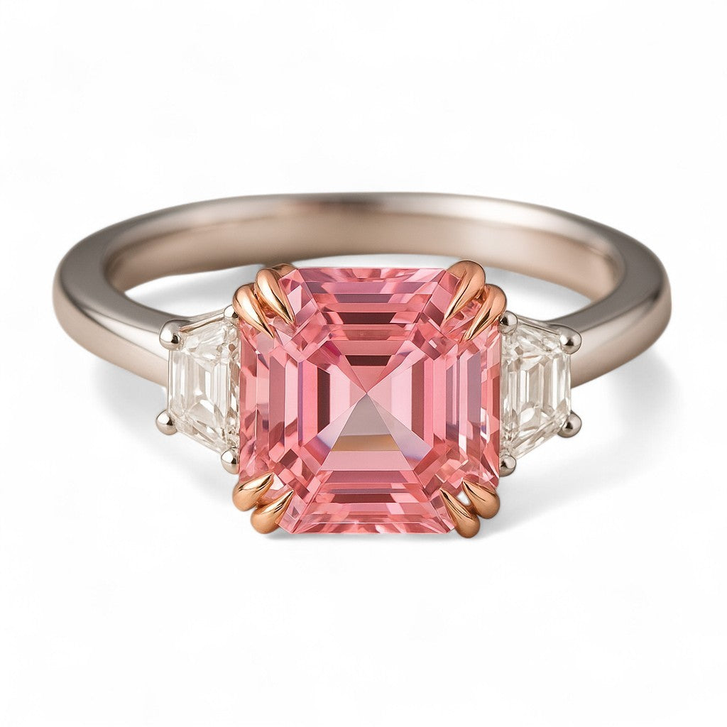 4 Carat tw Asscher Cut Pink Moissanite Trilogy Ring