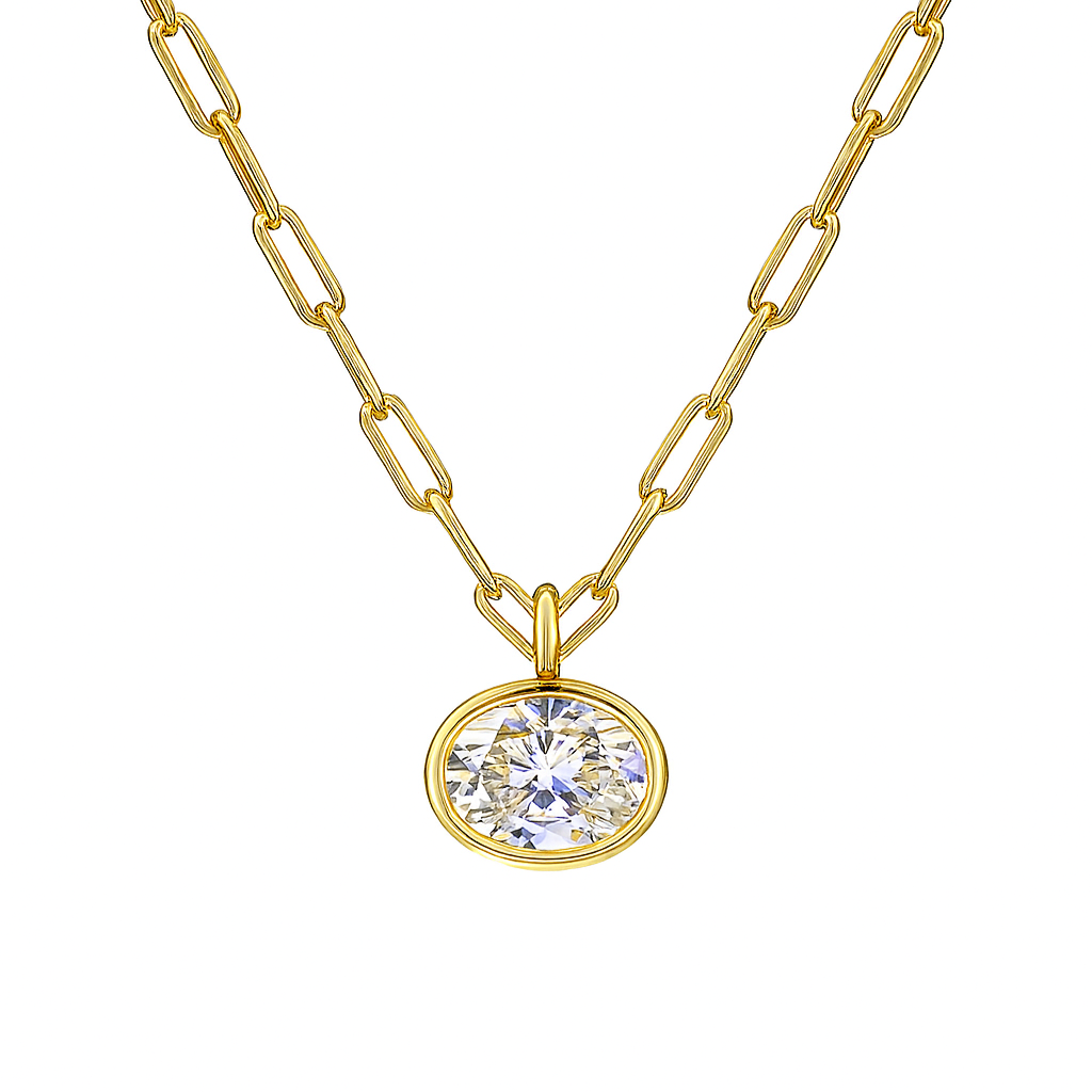Gold necklace with a round diamond pendant on a white background