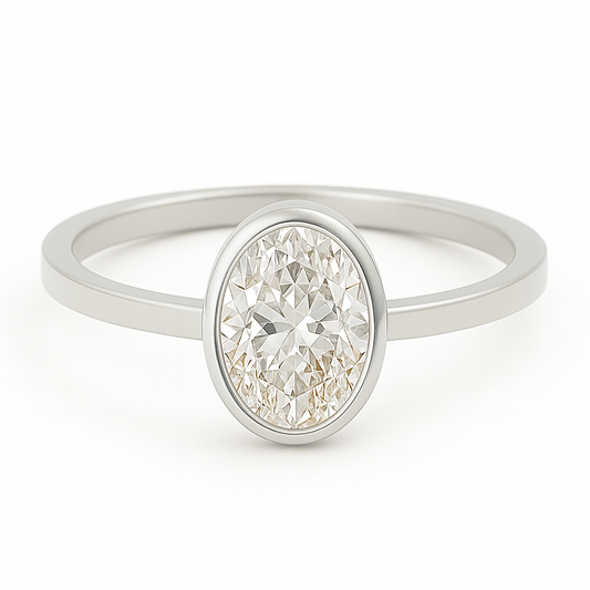 1 carat oval bezel set moissanite ring in gold-plated silver with flat band – modern diamond alternative engagement ring Sydney Australia