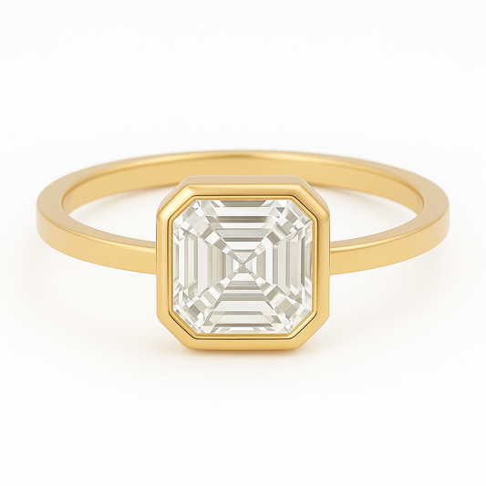 1 carat Asscher cut bezel set moissanite ring in gold-plated sterling silver with flat 1.5mm band – moissanite jewellery Sydney, Australia