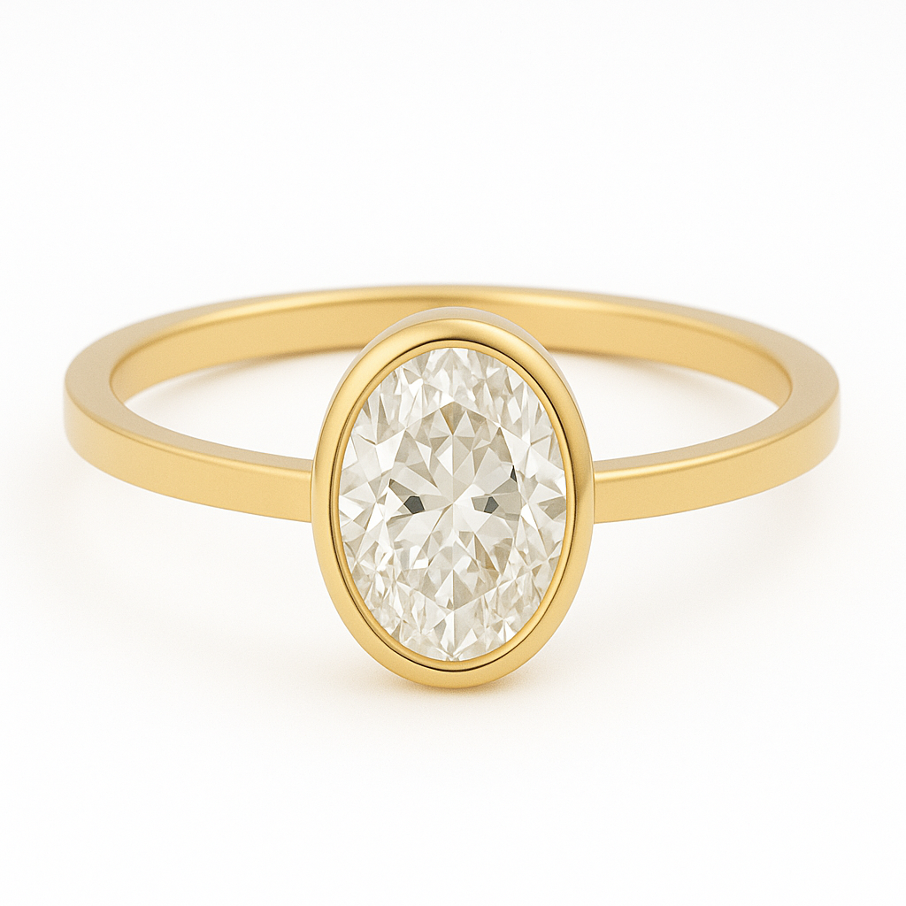 1 carat oval bezel set moissanite ring in gold-plated silver with flat band – modern diamond alternative engagement ring Sydney Australia
