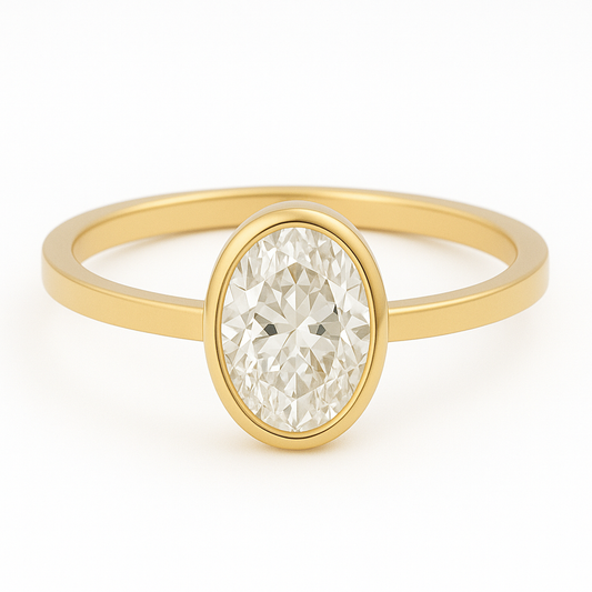 1 carat oval bezel set moissanite ring in gold-plated silver with flat band – modern diamond alternative engagement ring Sydney Australia