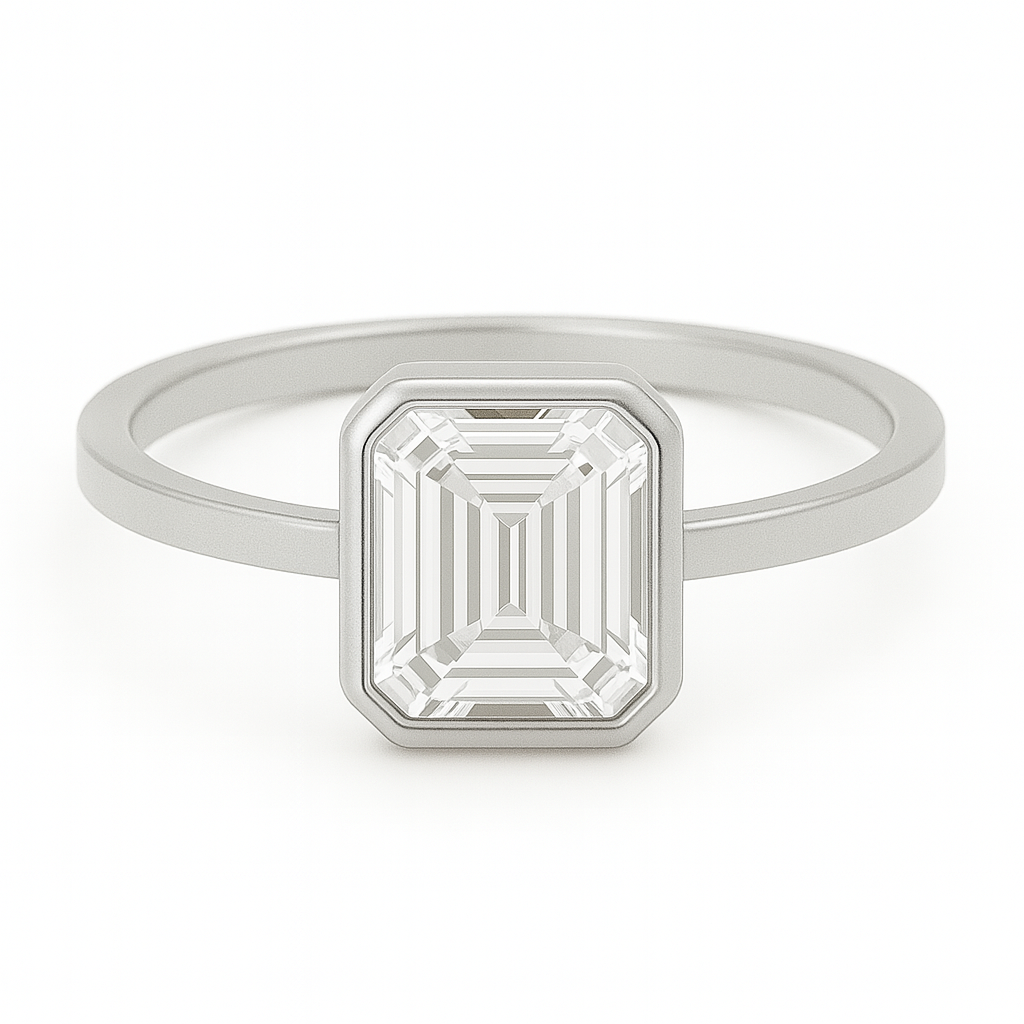1 carat emerald cut moissanite engagement ring with bezel setting in gold-plated silver – ethical diamond alternative Australia, handcrafted