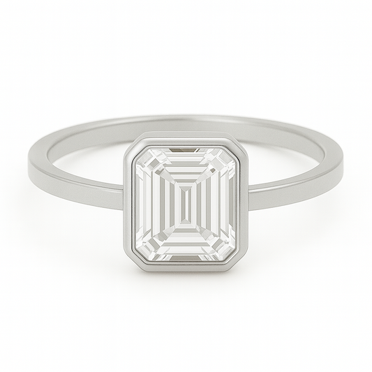 1 carat emerald cut moissanite engagement ring with bezel setting in gold-plated silver – ethical diamond alternative Australia, handcrafted