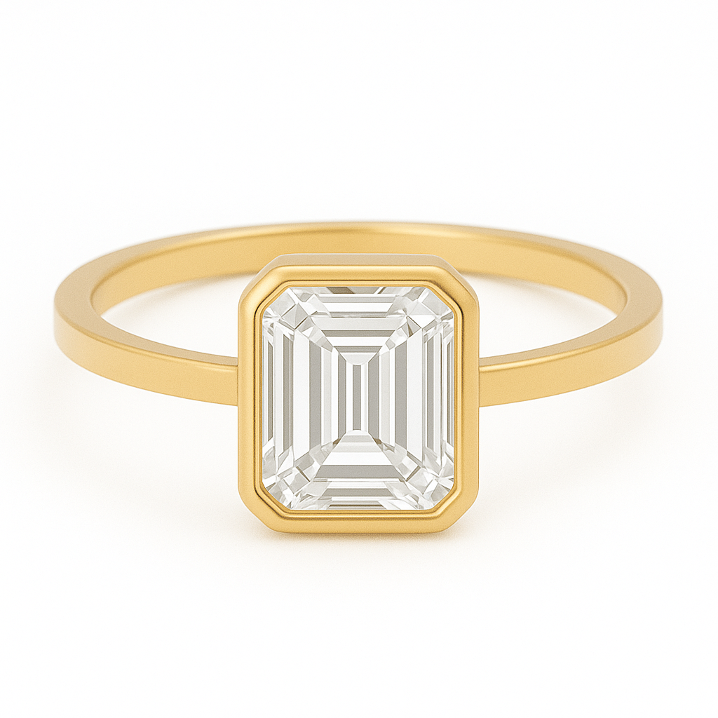 1 carat emerald cut moissanite engagement ring with bezel setting in gold-plated silver – ethical diamond alternative Australia, handcrafted