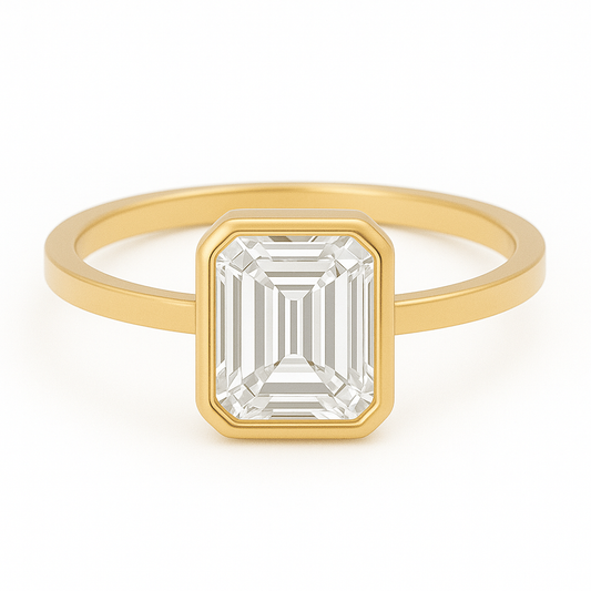 1 carat emerald cut moissanite engagement ring with bezel setting in gold-plated silver – ethical diamond alternative Australia, handcrafted