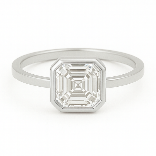 1 carat Asscher cut bezel set moissanite ring in gold-plated sterling silver with flat 1.5mm band – moissanite jewellery Sydney, Australia