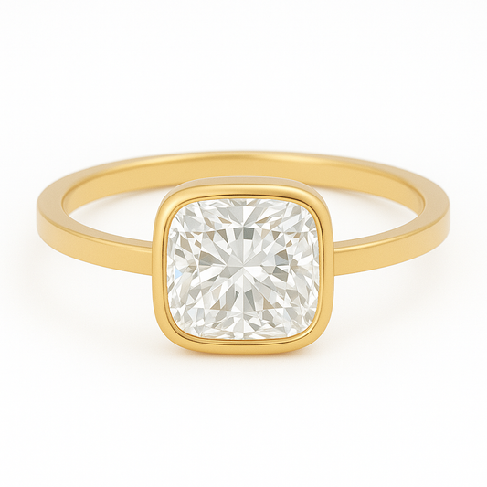 1 carat cushion cut bezel set moissanite ring in gold-plated sterling silver with flat band – moissanite jewellery Sydney, Australia