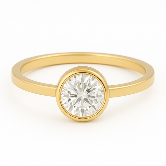 1 carat round cut bezel set moissanite ring in gold-plated sterling silver with flat 1.5mm band – ethical moissanite jewellery Sydney, Australia