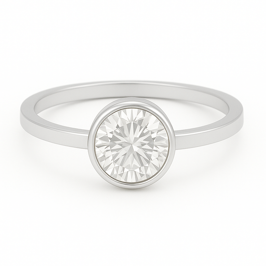 1 carat round cut bezel set moissanite ring in gold-plated sterling silver with flat 1.5mm band – ethical moissanite jewellery Sydney, Australia