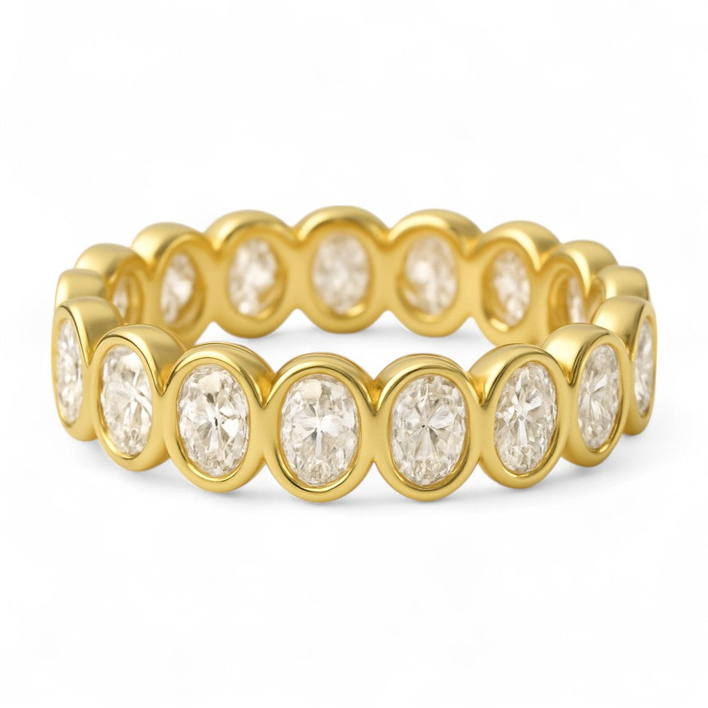 Oval cut moissanite bezel eternity band in 18k yellow gold – premium moissanite ring (near colourless, high clarity) for ethical weddings in Australia.