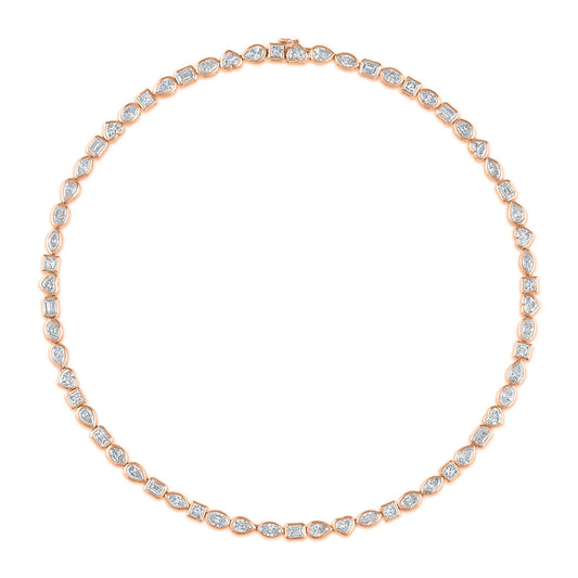 Bezel-set moissanite tennis necklace in yellow gold with mixed fancy cut stones