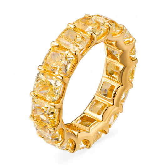 Champagne cushion cut moissanite eternity ring in yellow gold – full band with premium stones for ethical bridal and engagement jewellery in Australia.