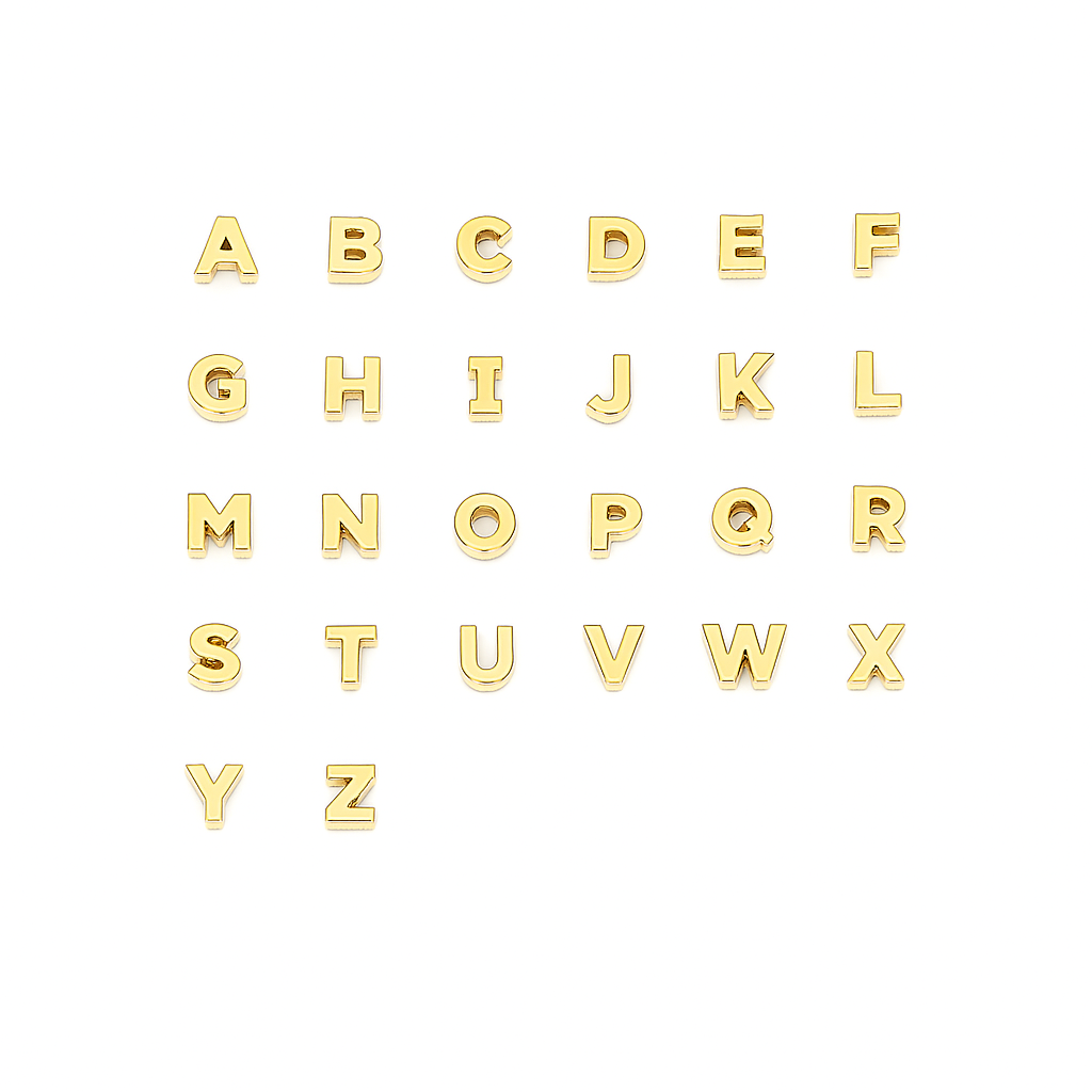 Gold alphabet letters on a white background