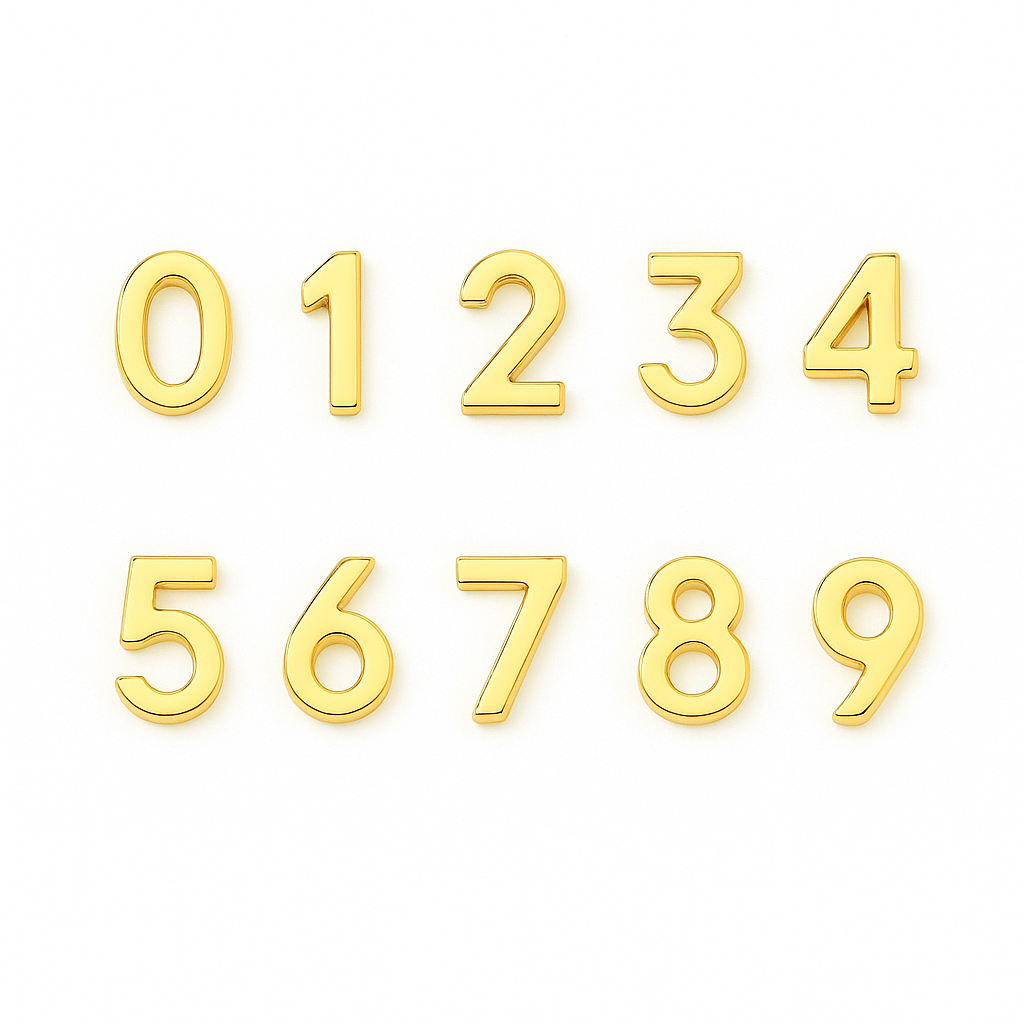 Gold metallic numbers from 0 to 9 on a white background
