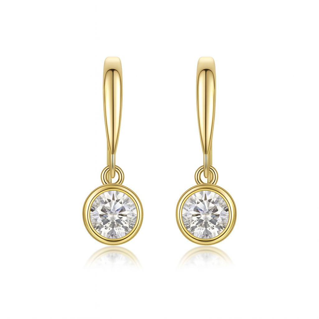 Gold-plated sterling silver drop earrings with bezel-set round moissanite stones, modern ethical diamond alternative jewellery in Australia