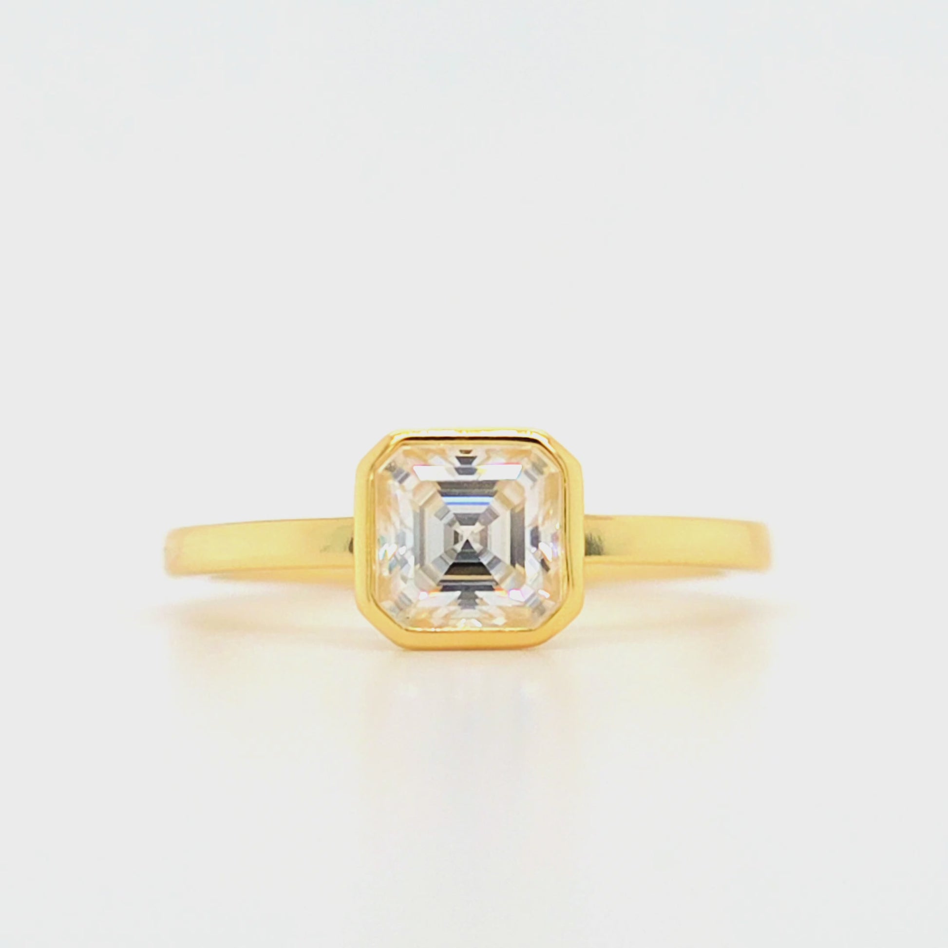 1 carat Asscher cut bezel set moissanite ring in gold-plated sterling silver with flat 1.5mm band – moissanite jewellery Sydney, Australia