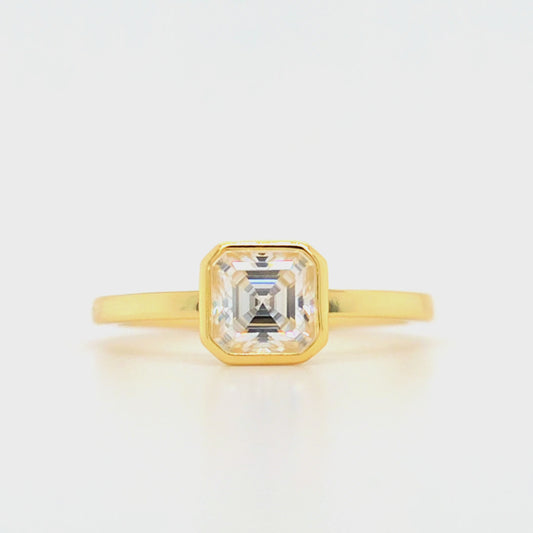 1 carat Asscher cut bezel set moissanite ring in gold-plated sterling silver with flat 1.5mm band – moissanite jewellery Sydney, Australia