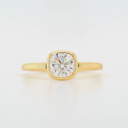1 carat cushion cut bezel set moissanite ring in gold-plated sterling silver with flat band – moissanite jewellery Sydney, Australia